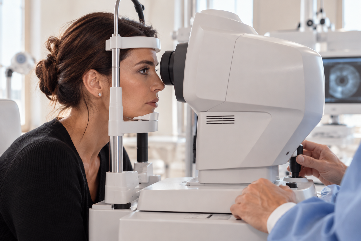 Patiente pendant un examen ophtalmologique avant une chirurgie laser