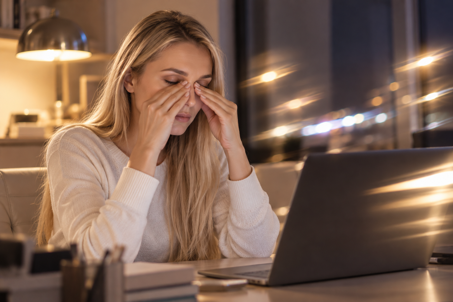 Femme fatiguée devant son ordinateur, vision floue liée à l'astigmatisme