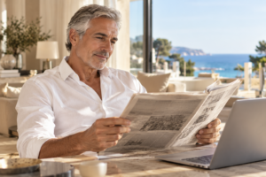 Lecture paisible face à la mer Homme lisant le journal sans lunettes face à la mer