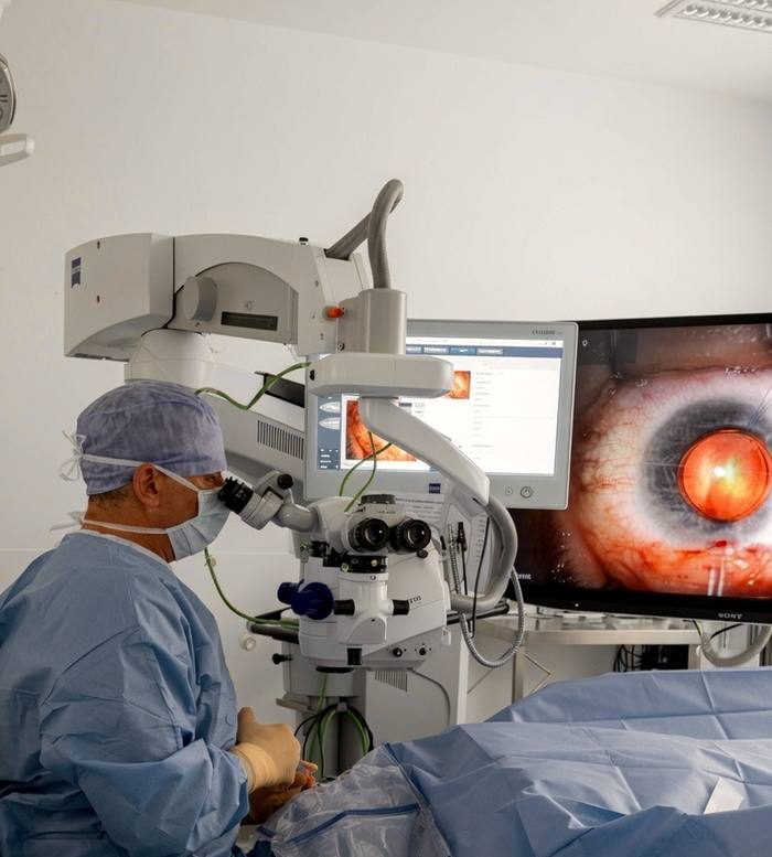 Le Dr Assouline opère au microscope Zeiss, l'œil du patient affiché sur l'écran